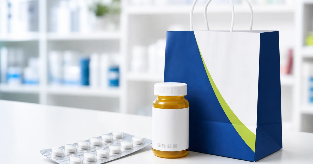 Blisterpackung mit Tabletten und eine Medikamentenflasche mit sichtbarem Verfallsdatum neben einer Rückgabetüte auf einem Apothekentresen