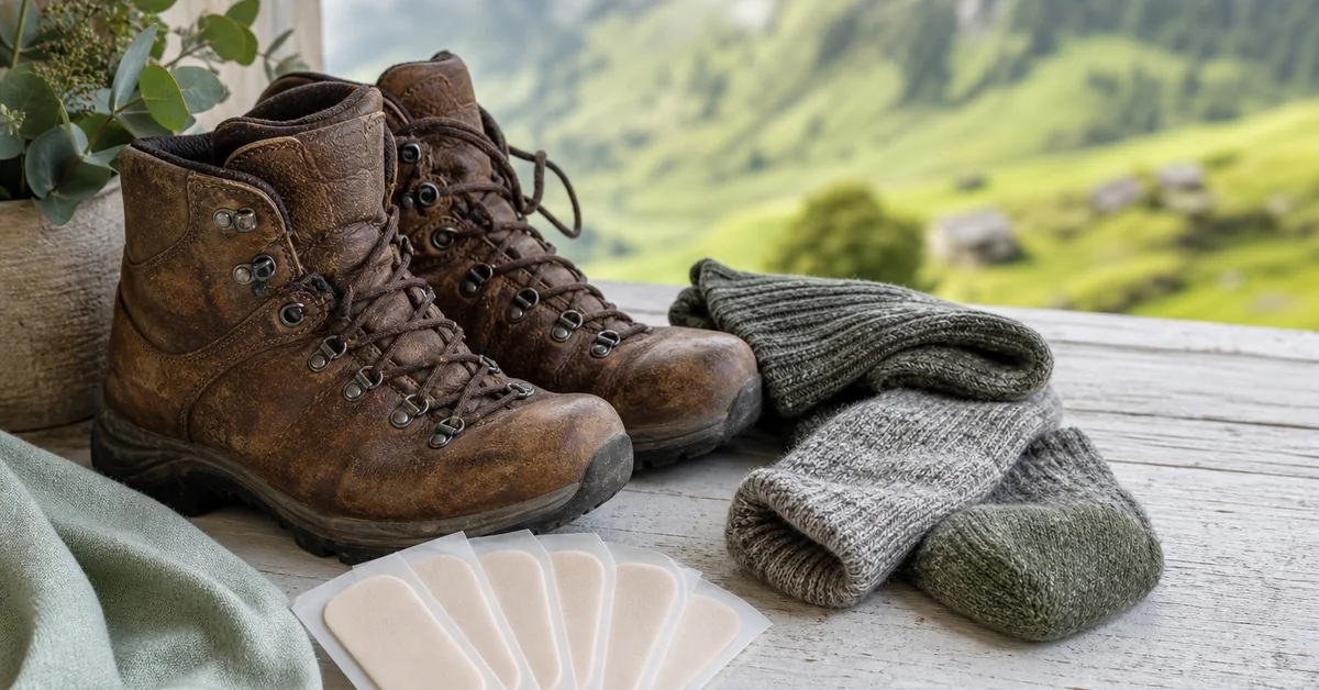 Wandernde Person sitzt auf einem Felsen am Wegrand, klebt sich an der Ferse ein Blasenpflaster, daneben Wanderschuhe und Wollsocken vor sommerlicher Bergkulisse