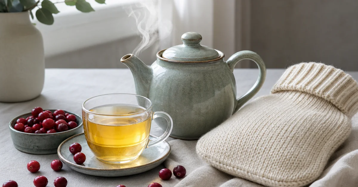 Dampfende Tasse Kräutertee neben einer Wärmflasche und einer Karaffe Wasser auf einem hellen Holztisch
