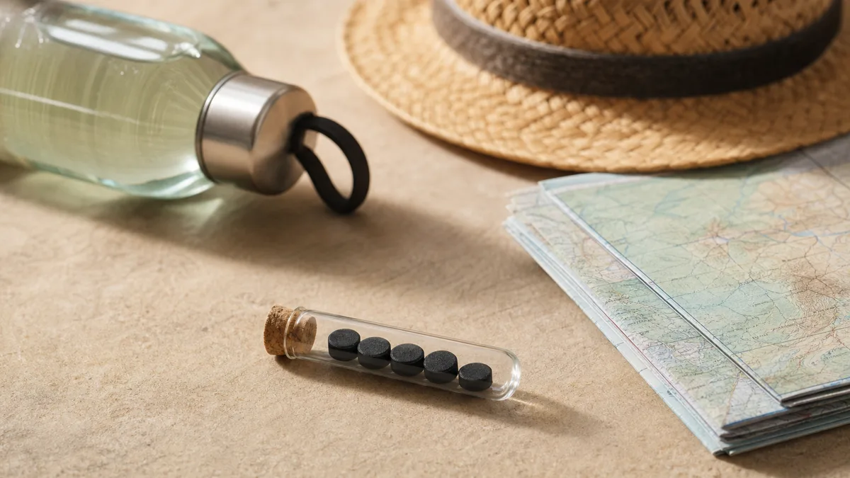 Blisterstreifen mit schwarzen Kohletabletten neben einer Wasserflasche und einem Beutel Elektrolytpulver auf einem Reisetisch