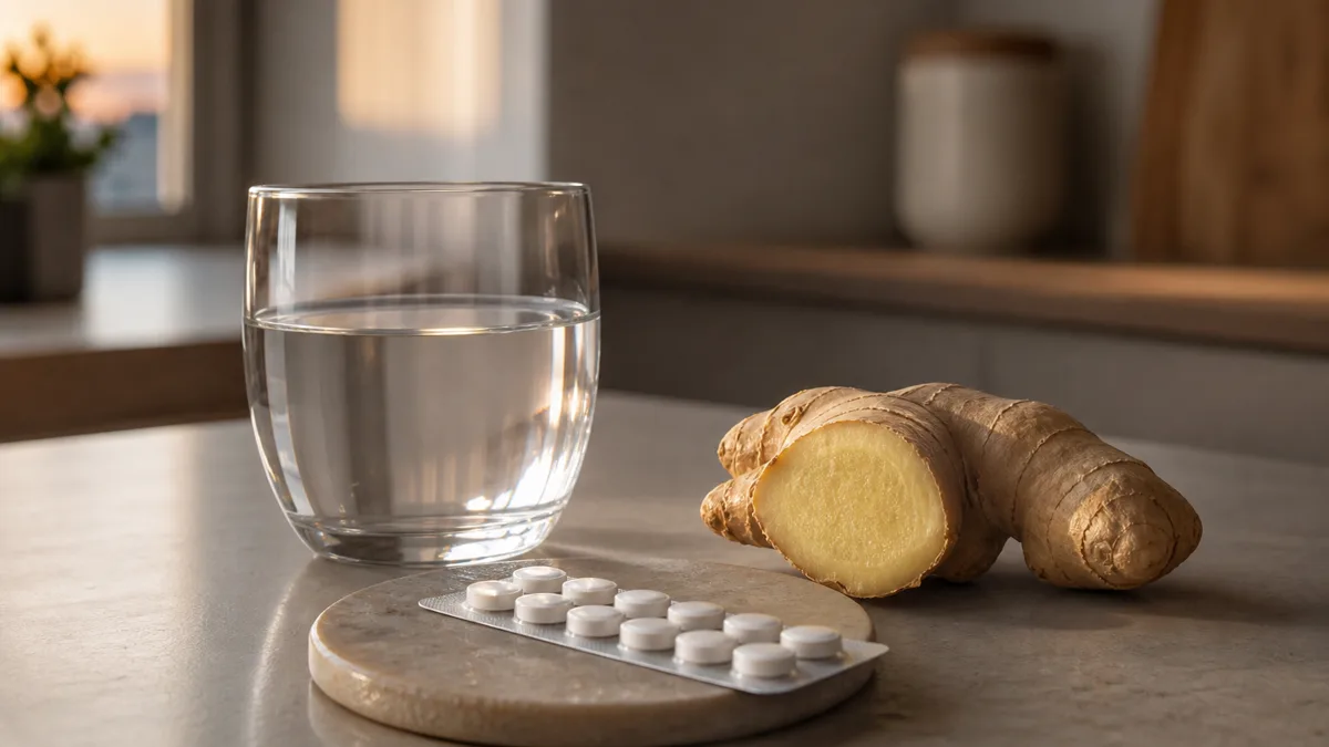 Eine Person fasst sich mit leicht schmerzverzogenem Gesicht an den oberen Brustkorb und hält am Küchentisch ein Glas Wasser, in dem sich eine Brausetablette auflöst.