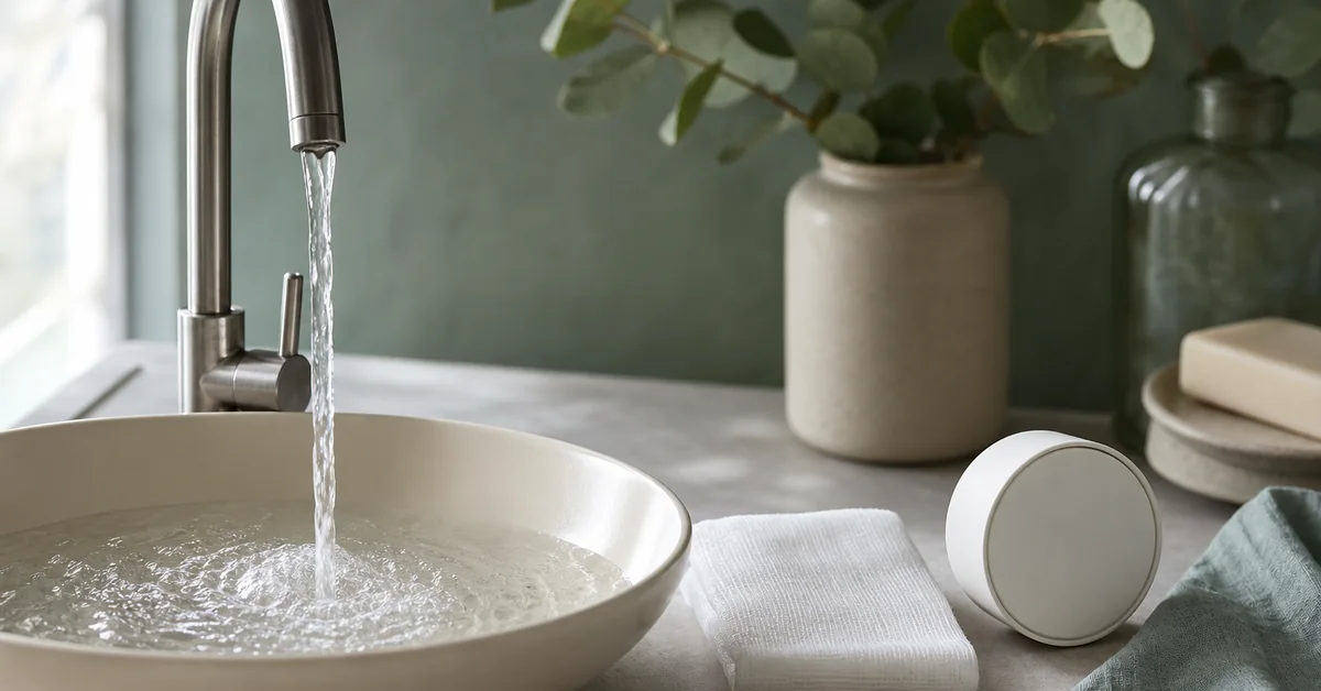 Verbrühte Hand wird am Küchenspülbecken unter lauwarmem, fliessendem Wasser gekühlt